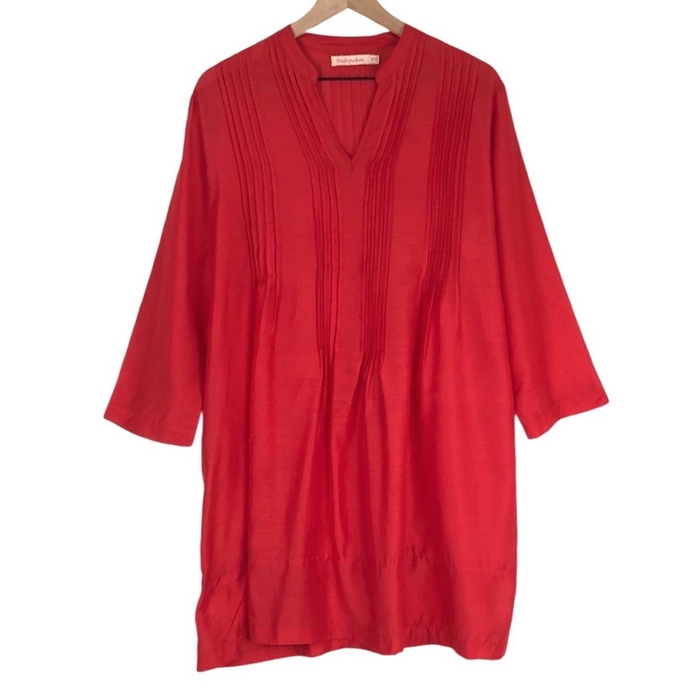 FRESH PRODUCE Pintuck‎ Pleated Tunic Dress Sz M/L Red Lightweight Cover Up EUC